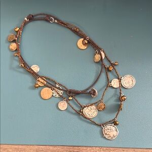 J. Jill Gold and Brown Necklace with Artisanal Charms